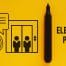 a visualization of an elevator pitch using a clock, pen, speech bubble, and people in an elevator