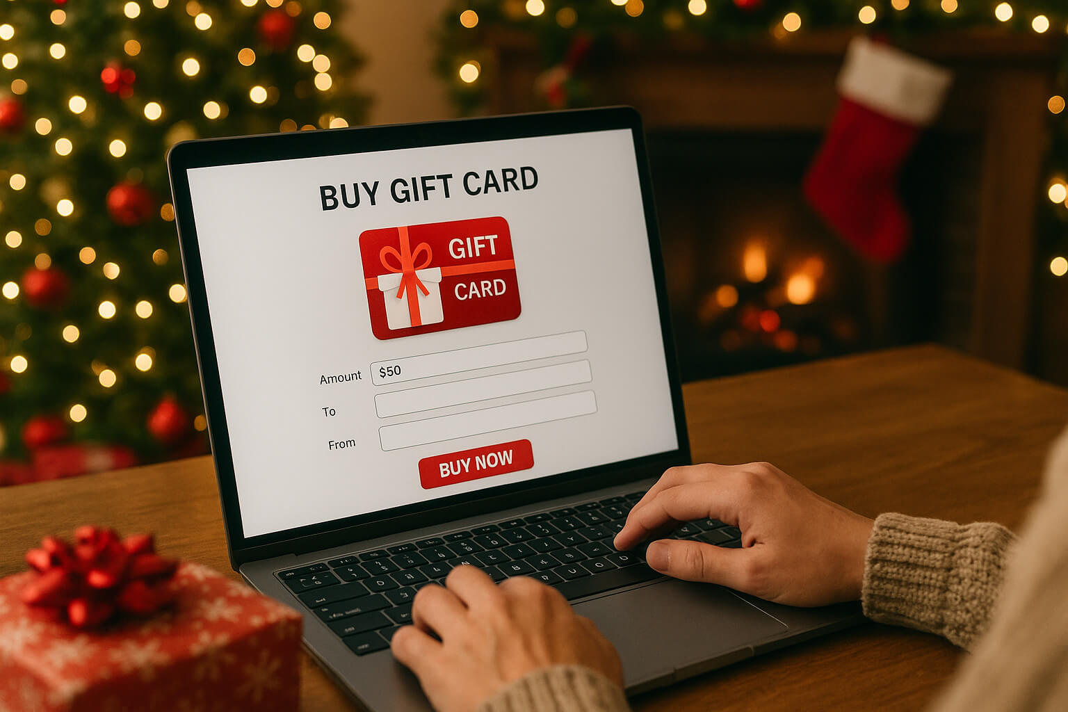 a man's hands typing on a computer and buying an online giftcard with holiday lights, a fireplace, and Christmas stocking in the background
